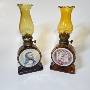 Pair Vtg Amber Glass Religious 9.5” Oil Lamps Jesus Portrait & Serenity Prayer